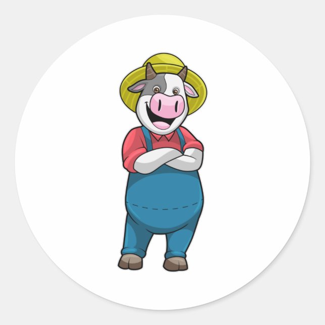 Cow as Farmer with Hat Classic Round Sticker (Front)