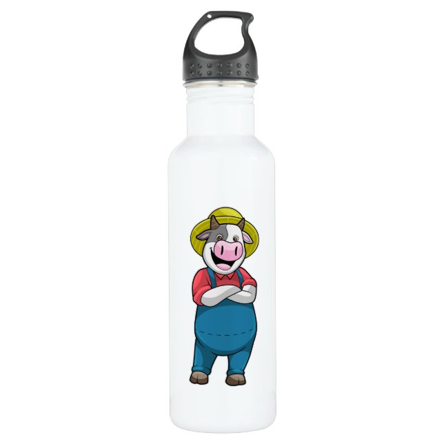 Cow as Farmer with Hat Stainless Steel Water Bottle (Front)