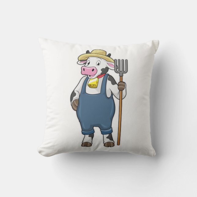 Cow as Farmer with Pitchfork Throw Pillow (Front)