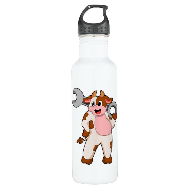 Cow as Mechanic with Wrench Stainless Steel Water Bottle (Front)
