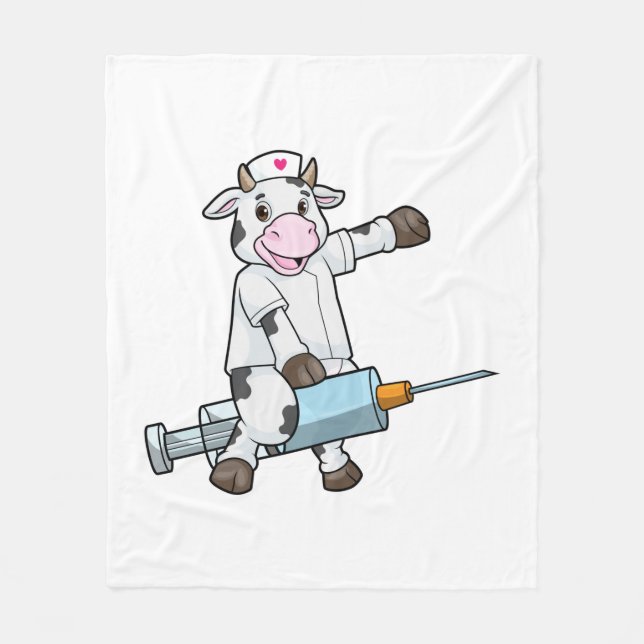Cow as Nurse with Heart & Syringe Fleece Blanket (Front)