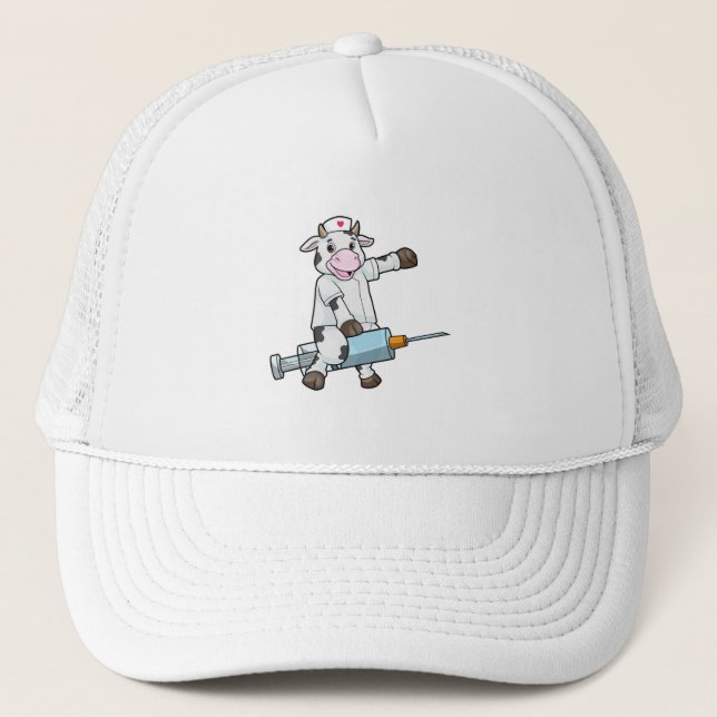 Cow as Nurse with Heart & Syringe Trucker Hat (Front)