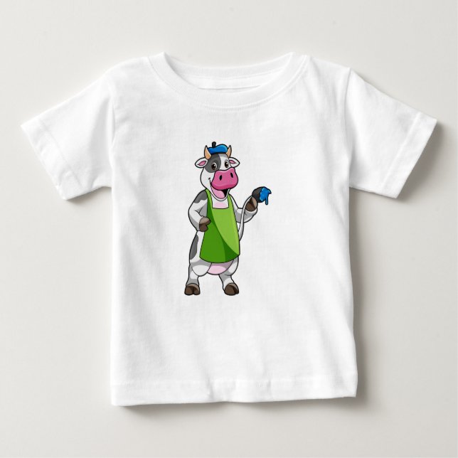 Cow as Painter with Paint & Apron Baby T-Shirt (Front)