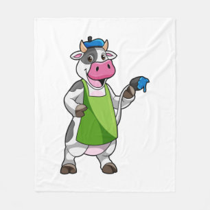 Cow as Painter with Paint & Apron Fleece Blanket