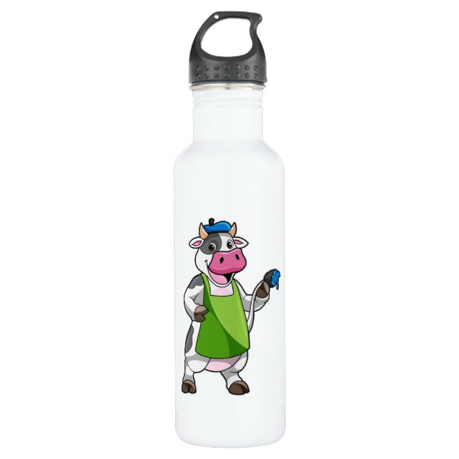 Cow as Painter with Paint & Apron Stainless Steel Water Bottle (Front)