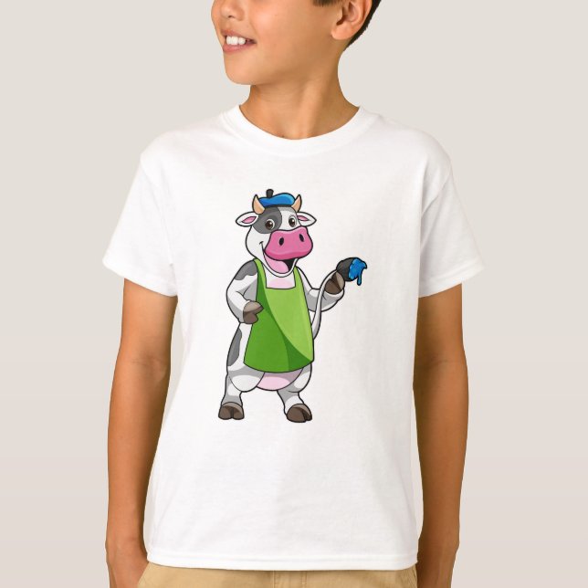 Cow as Painter with Paint & Apron T-Shirt (Front)