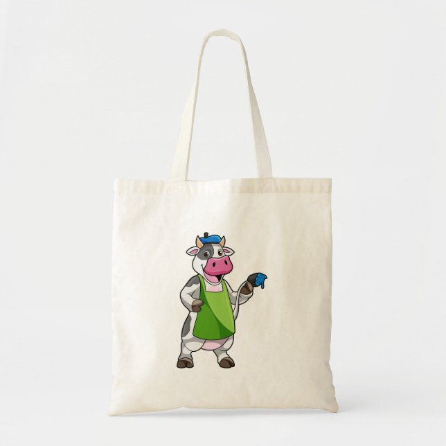 Cow as Painter with Paint & Apron Tote Bag (Front)