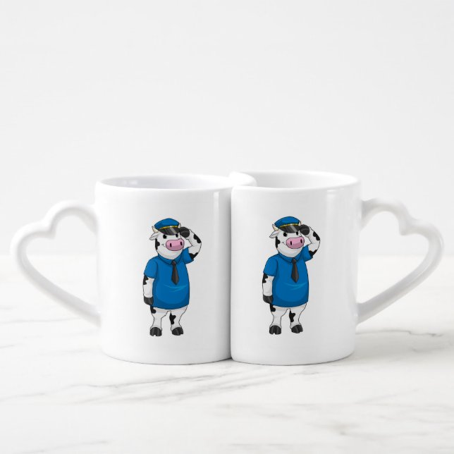 Cow as Police officer with Police hat Coffee Mug Set (Front Nesting)