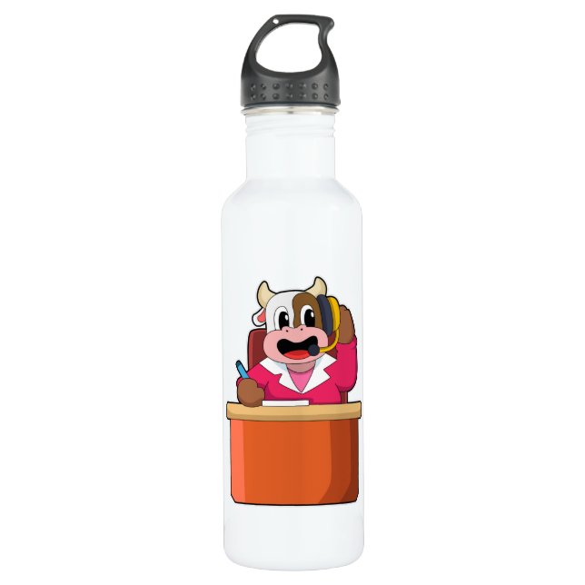 Cow as Secretary with Table Stainless Steel Water Bottle (Front)