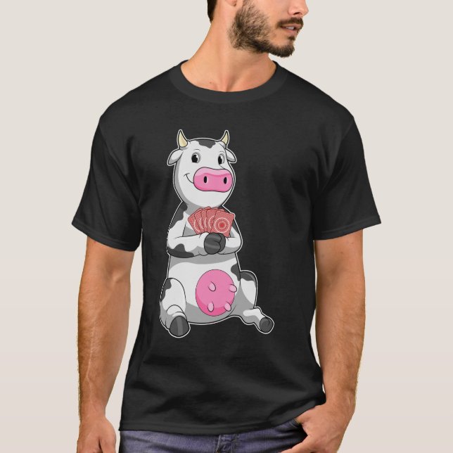 Cow at Poker with Poker cards T-Shirt (Front)