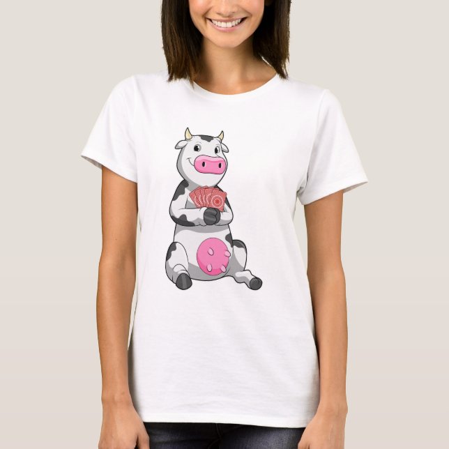Cow at Poker with Poker cards T-Shirt (Front)