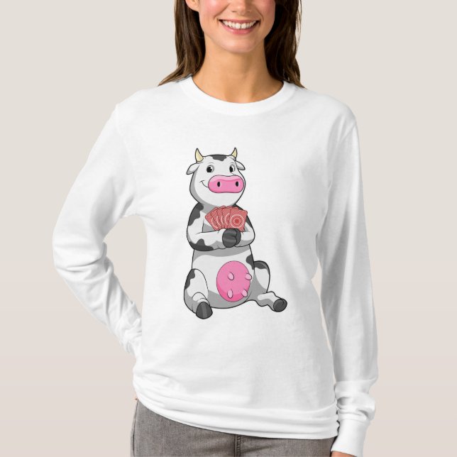 Cow at Poker with Poker cards T-Shirt (Front)