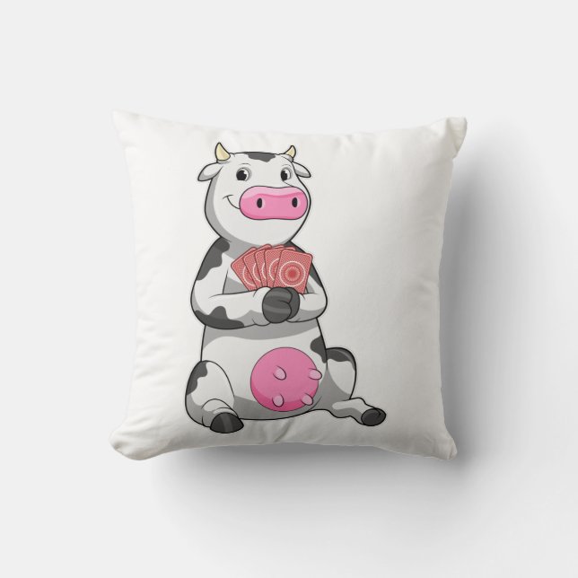 Cow at Poker with Poker cards Throw Pillow (Front)