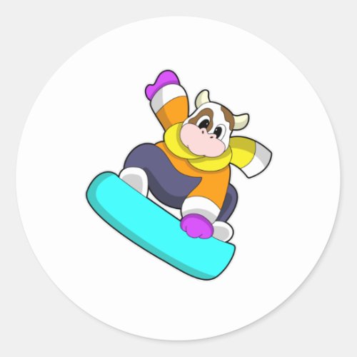 Cow at Snowboarding with Snowboard Classic Round Sticker