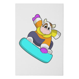 Cow at Snowboarding with Snowboard Faux Canvas Print