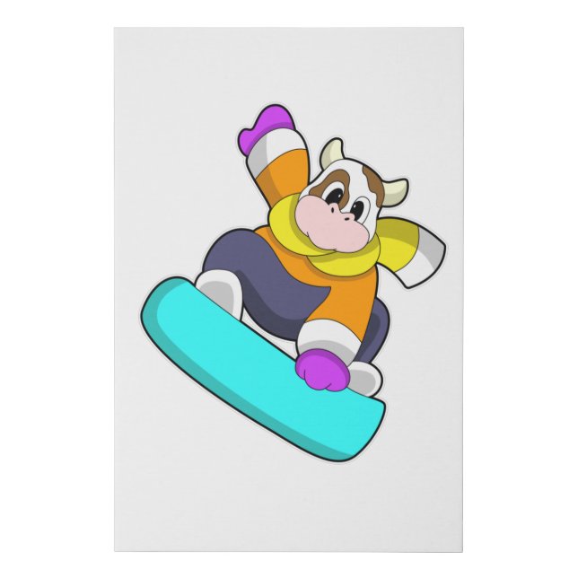 Cow at Snowboarding with Snowboard Faux Canvas Print (Front)