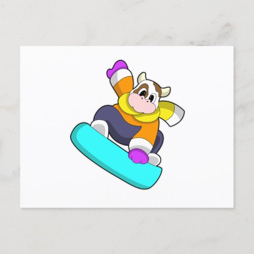 Cow at Snowboarding with Snowboard Postcard