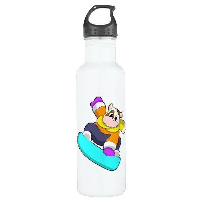 Cow at Snowboarding with Snowboard Stainless Steel Water Bottle (Front)