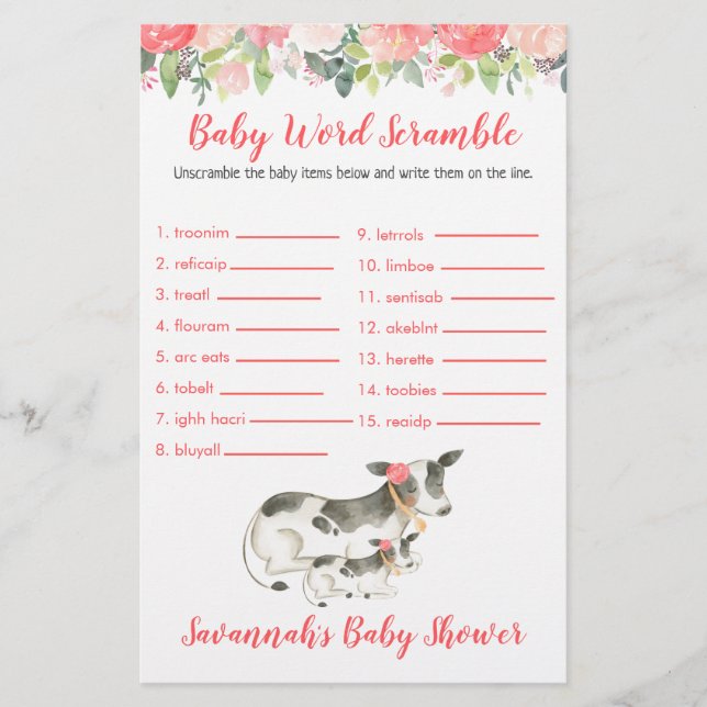 Cow Baby Shower Baby Word Scramble Game (Front)