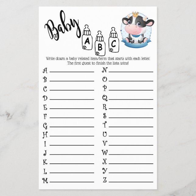 Cow Baby Shower Beautiful Dream Game Baby ABC Card Flyer (Front)