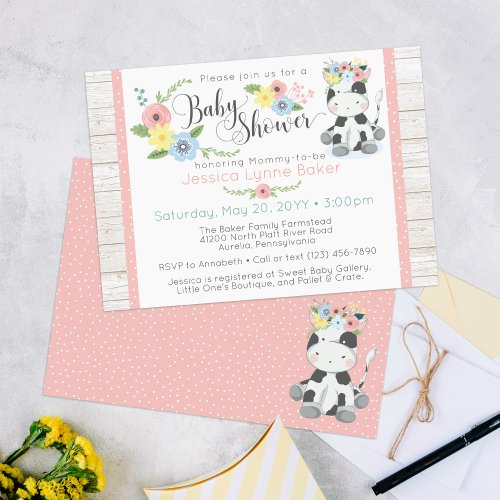 Cow Baby Shower  Cute Floral Calf on Rustic Wood Invitation