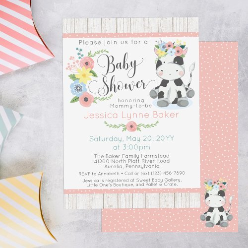 Cow Baby Shower  Cute Floral Calf on Rustic Wood Invitation