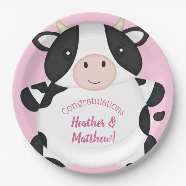 Cow Baby Shower Farm Pink Girl Paper Plates (Front)