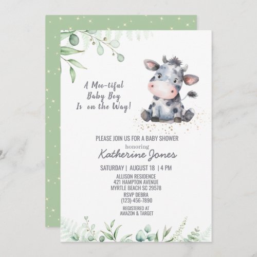 Cow Baby Shower Greenery Boy Farm Invitation