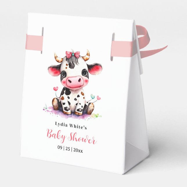 Cow Baby Shower Minimalist Pink Girl baby shower Favor Boxes (Back Side)