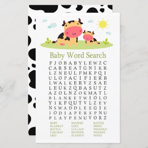 Cow Baby Shower Word Search Game