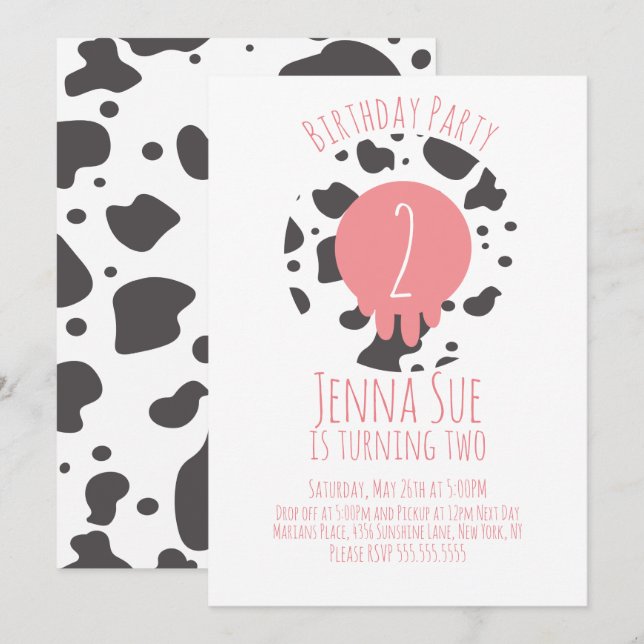 Cow Birthday Party Animal Print Pattern Pink Brown Invitation (Front/Back)