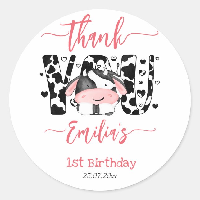 Cow birthday party cow pattern pink thank you  classic round sticker (Front)