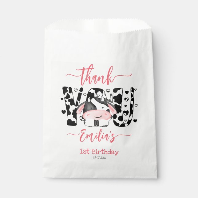 Cow birthday party cow pattern pink thank you  favor bag (Front)