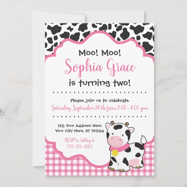 Cow Birthday Party Invitation | Pink and Black (Front)