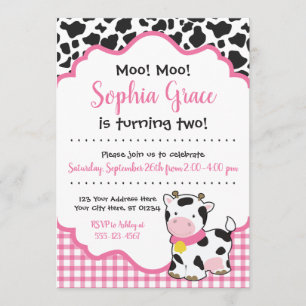 Cow Birthday Party Invitation   Pink and Black
