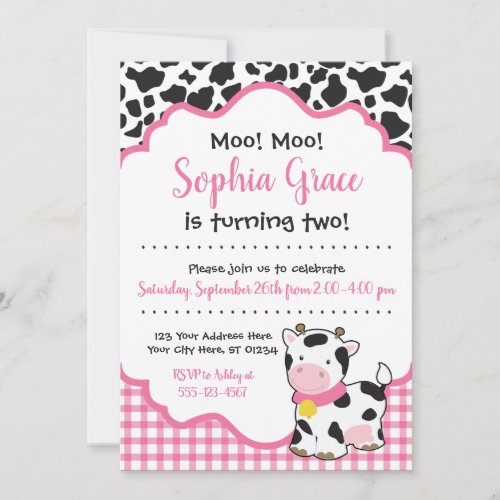 Cow Birthday Party Invitation  Pink and Black