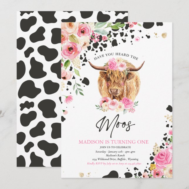 Cow Birthday Party Pink Floral Farm Ranch Birthday Invitation (Front/Back)