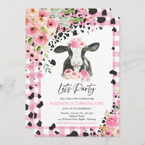 Cow Birthday Party Pink Floral Farm Ranch Birthday Invitation