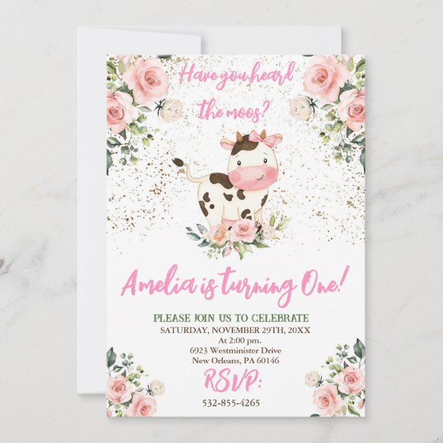 Cow Birthday Party, Pink & Gold Girl Birthday Invitation (Front)