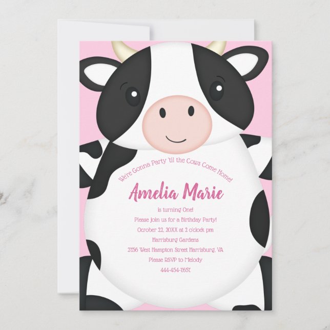 Cow Birthday Party Pink Invitation (Front)