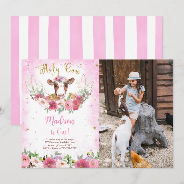 Cow Birthday Photo Invitation (Front/Back)