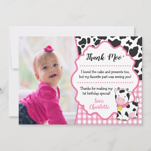 Cow Birthday Thank You Card | Farm Party (Front)