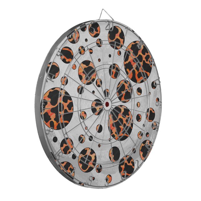 Cow Black and Orange Polka Dot Print Dartboard With Darts (Front Left)