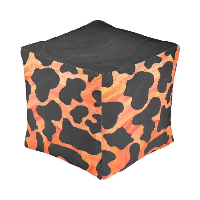 Cow Black and Orange Print Pouf (Angled Back)