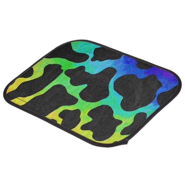 Cow Black and Rainbow Print Car Floor Mat (Rear Angled)