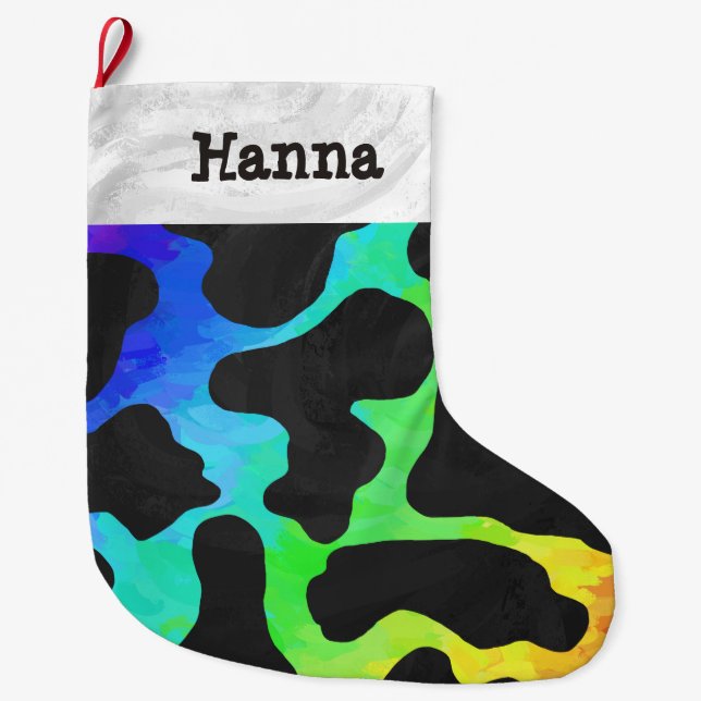 Cow Black and Rainbow Print Large Christmas Stocking (Front)