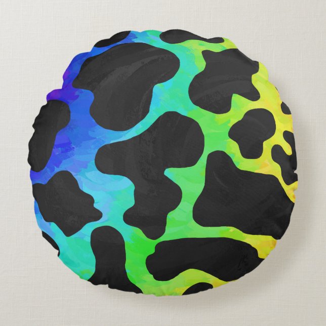 Cow Black and Rainbow Stuff Round Pillow (Front)