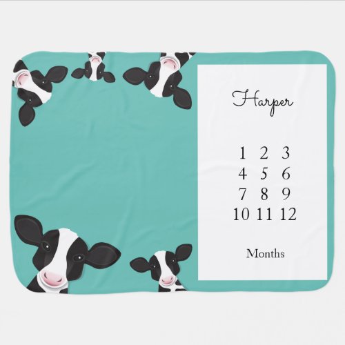 Cow Black Teal Farm Animal Milestone Baby Blanket