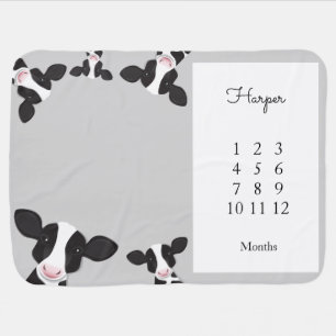 Cow Black White Gray Farm Animal Milestone Baby Blanket