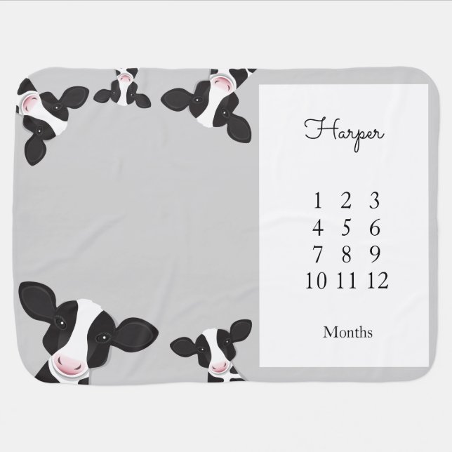 Cow Black White Gray Farm Animal Milestone Baby Blanket (Horizontal)
